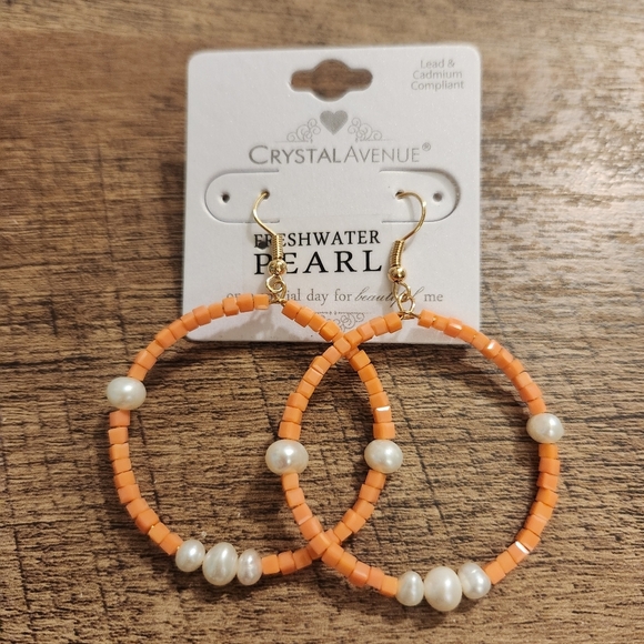 Orange and Pearl Hoop Earrings - Picture 1 of 5